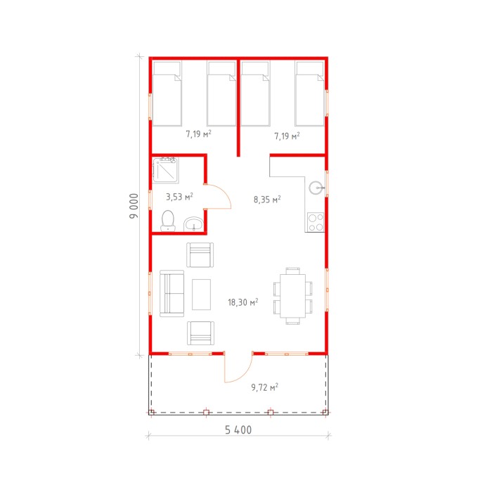 Л16 - Летний дом 49 м2 + терраса с толщиной стен 100 мм