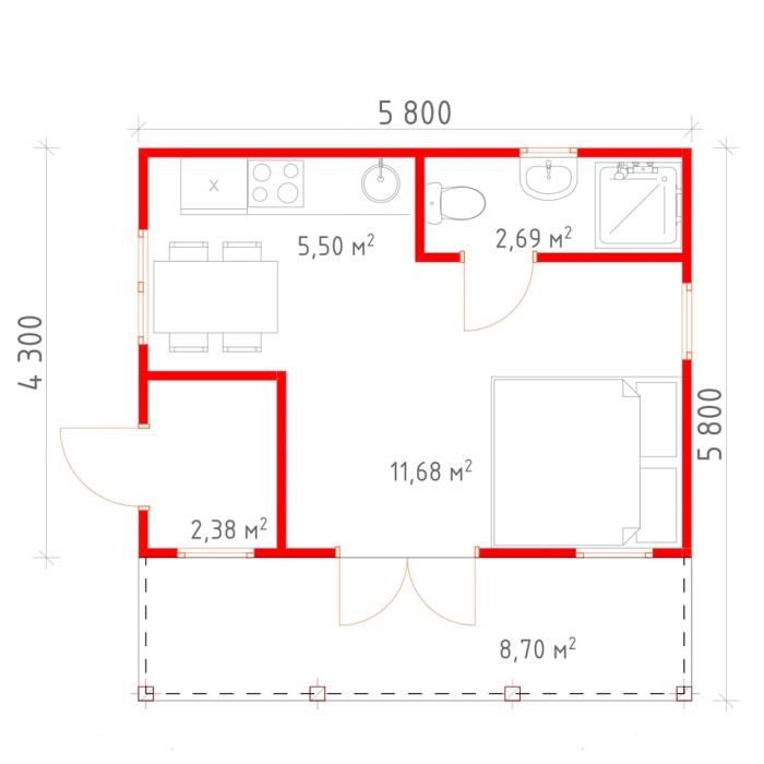 Л4 - Летний дом 25 м2 + терраса с толщиной стен 100 мм