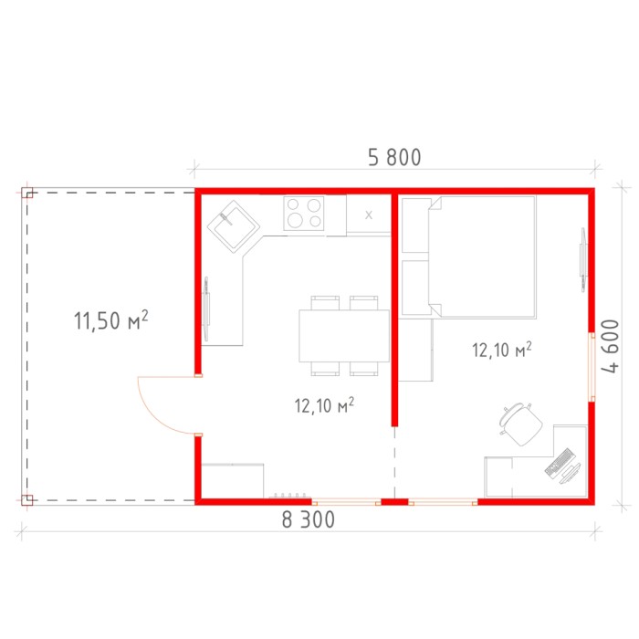 Л5 - Летний дом 27 м2 + терраса с толщиной стен 100 мм
